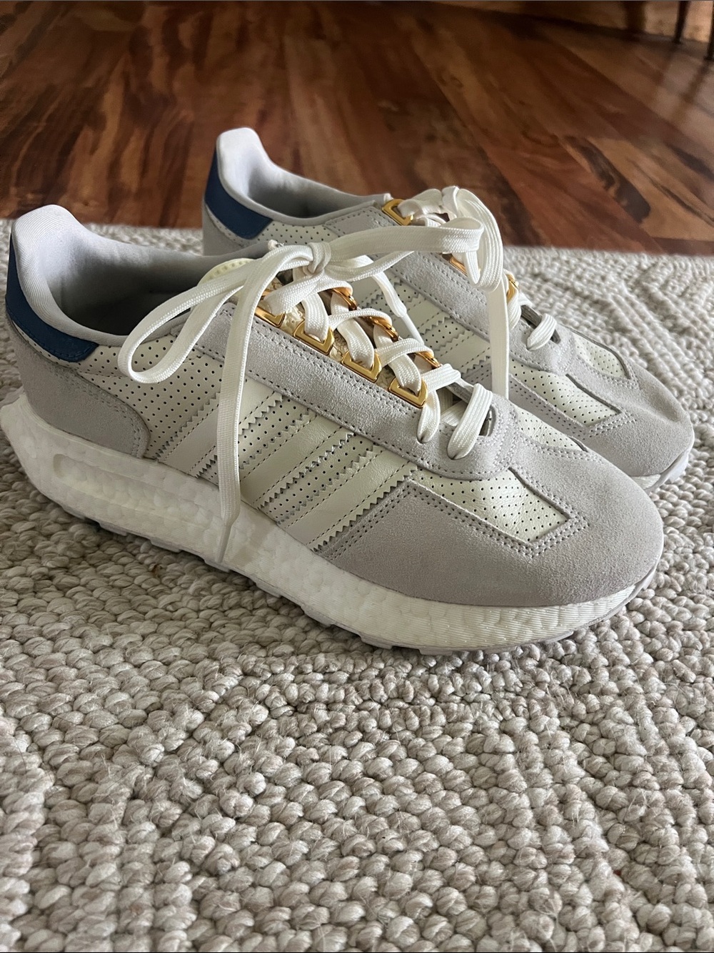 adidas Cream Suede & Leather Sneakers with Gold Eyelets and Blue Heel